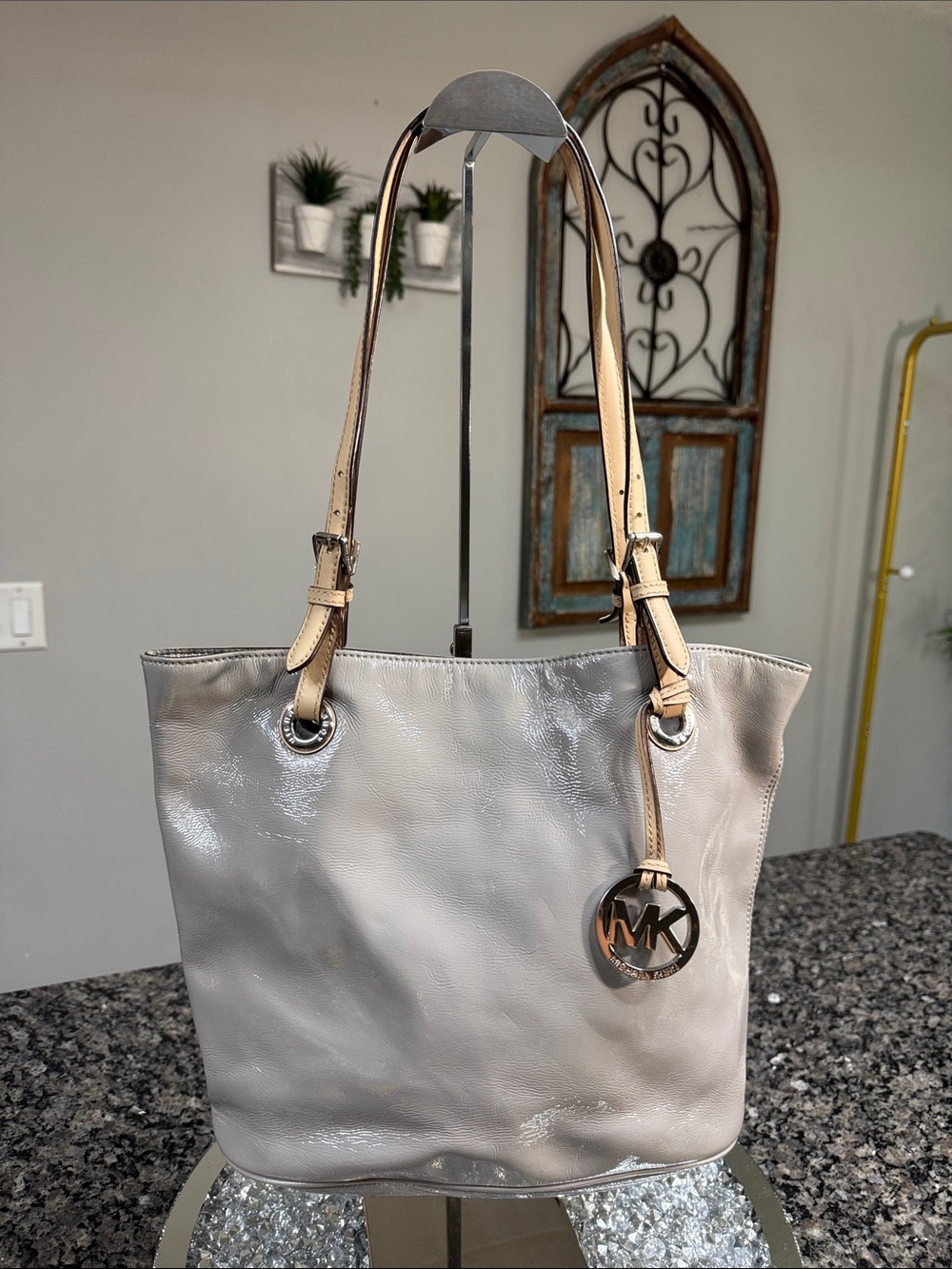Michael Kors Light Gray Patent Tote with Beige Straps